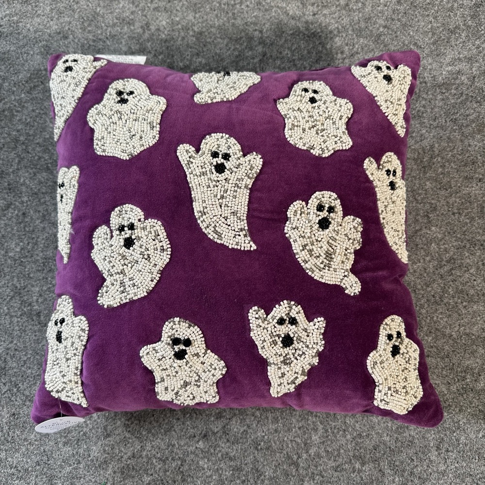 Purple Halloween Ghost Pillow Beaded Velvet Down Alternative NWT